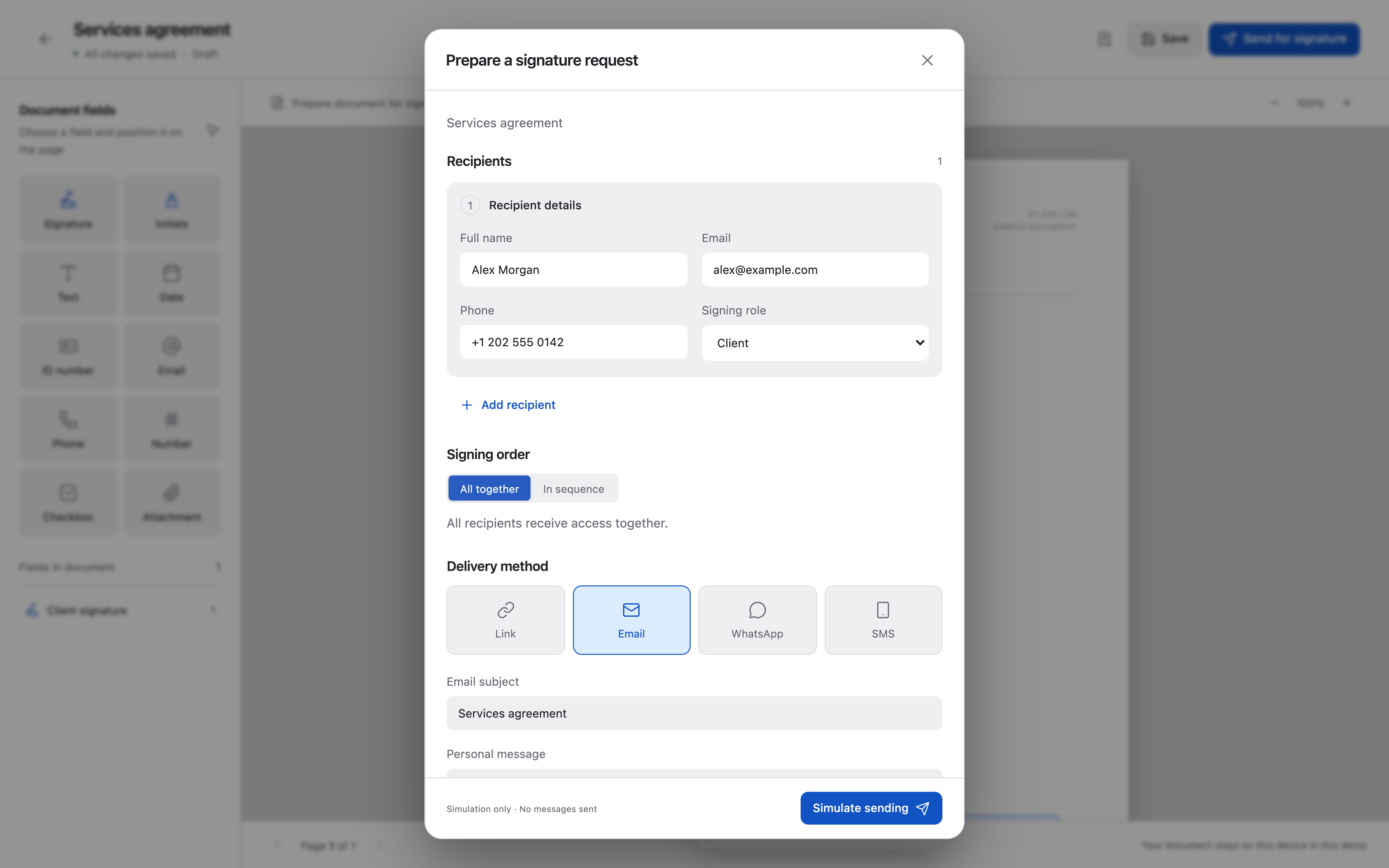 Add recipients, set the signing order and choose how to share the request.