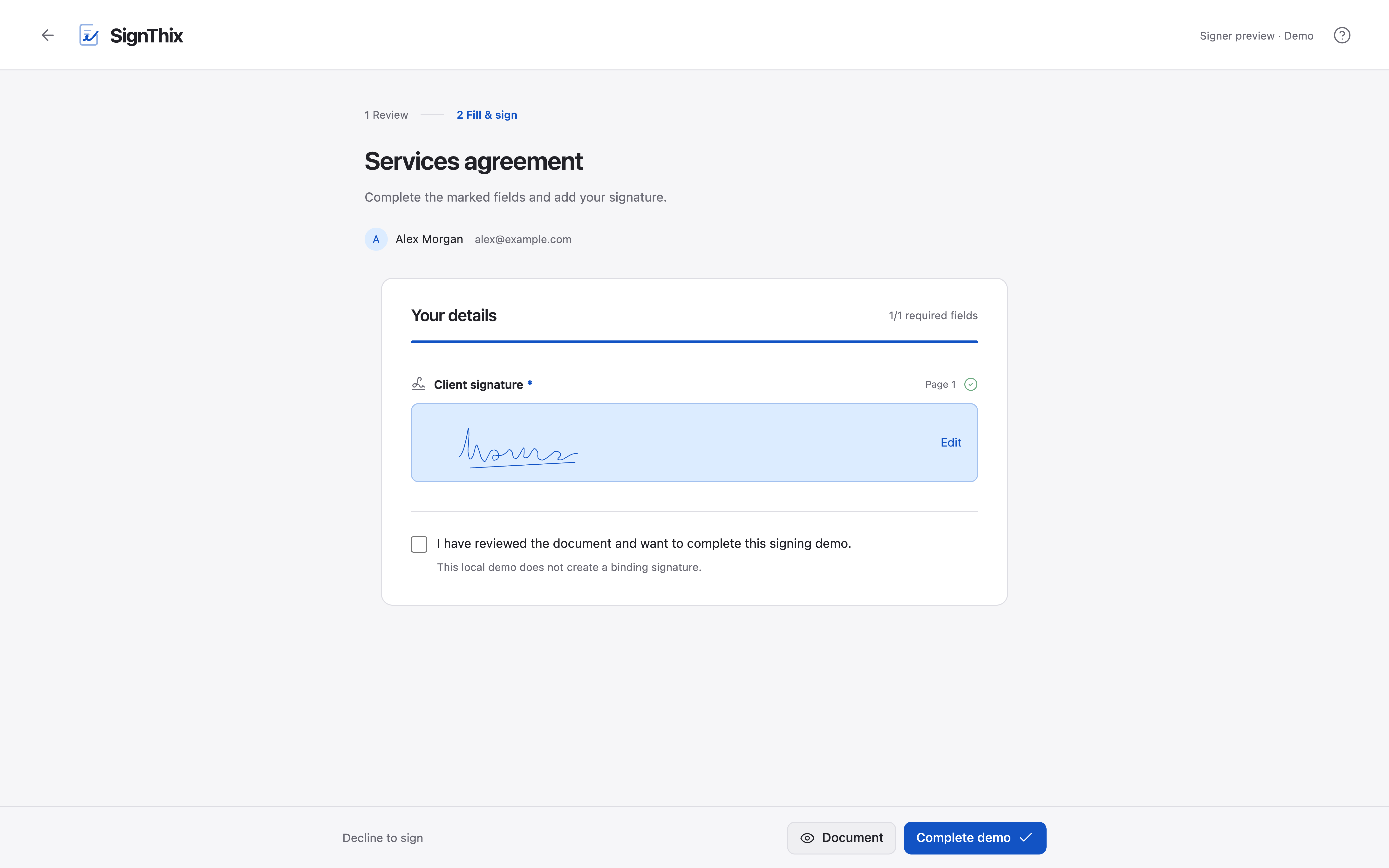 Recipients read, fill in and sign the document in their browser, including on a phone.