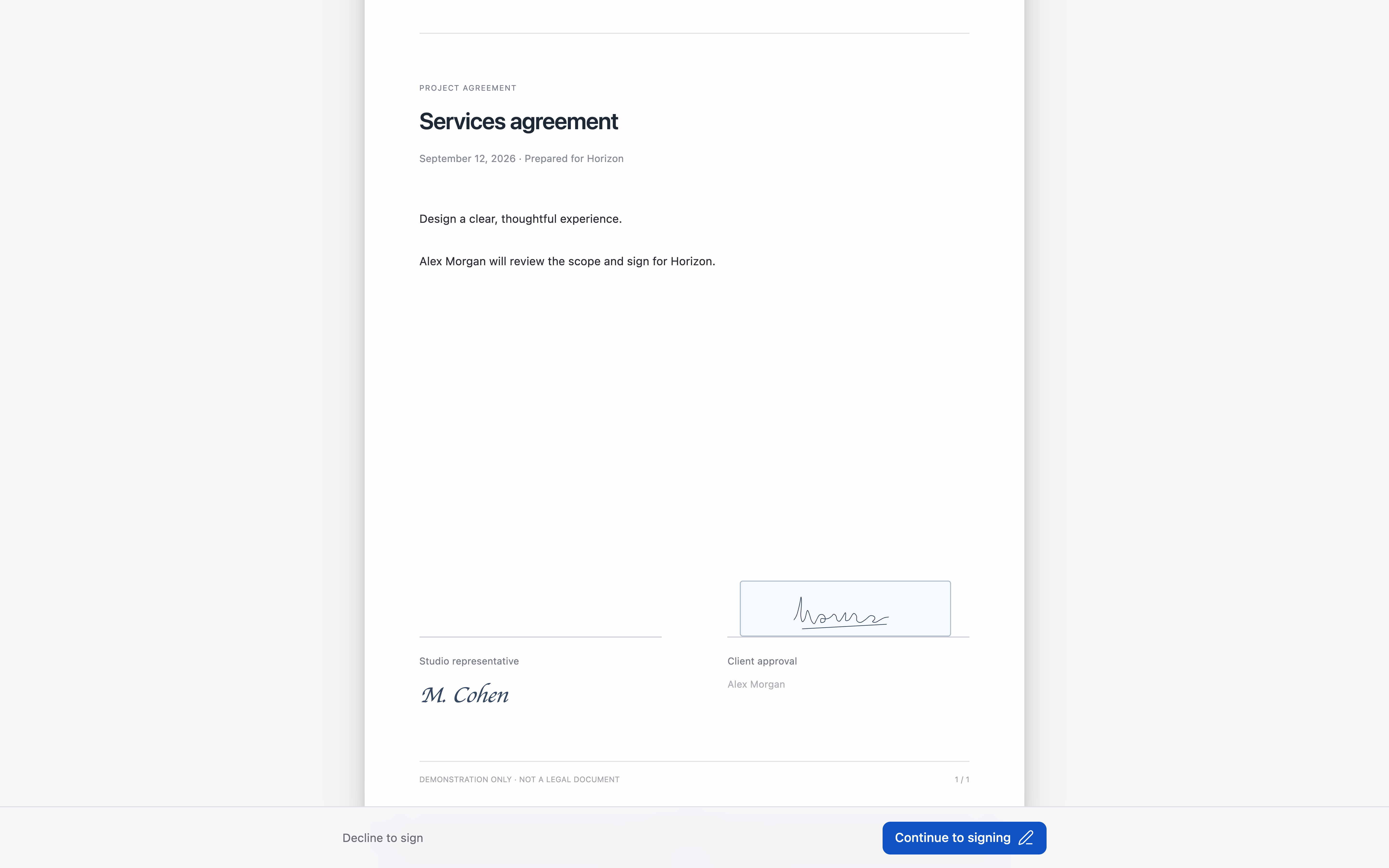 SignThix recipient preview of Services agreement, with Alex Morgan’s locally applied signature aligned with the Client approval line.