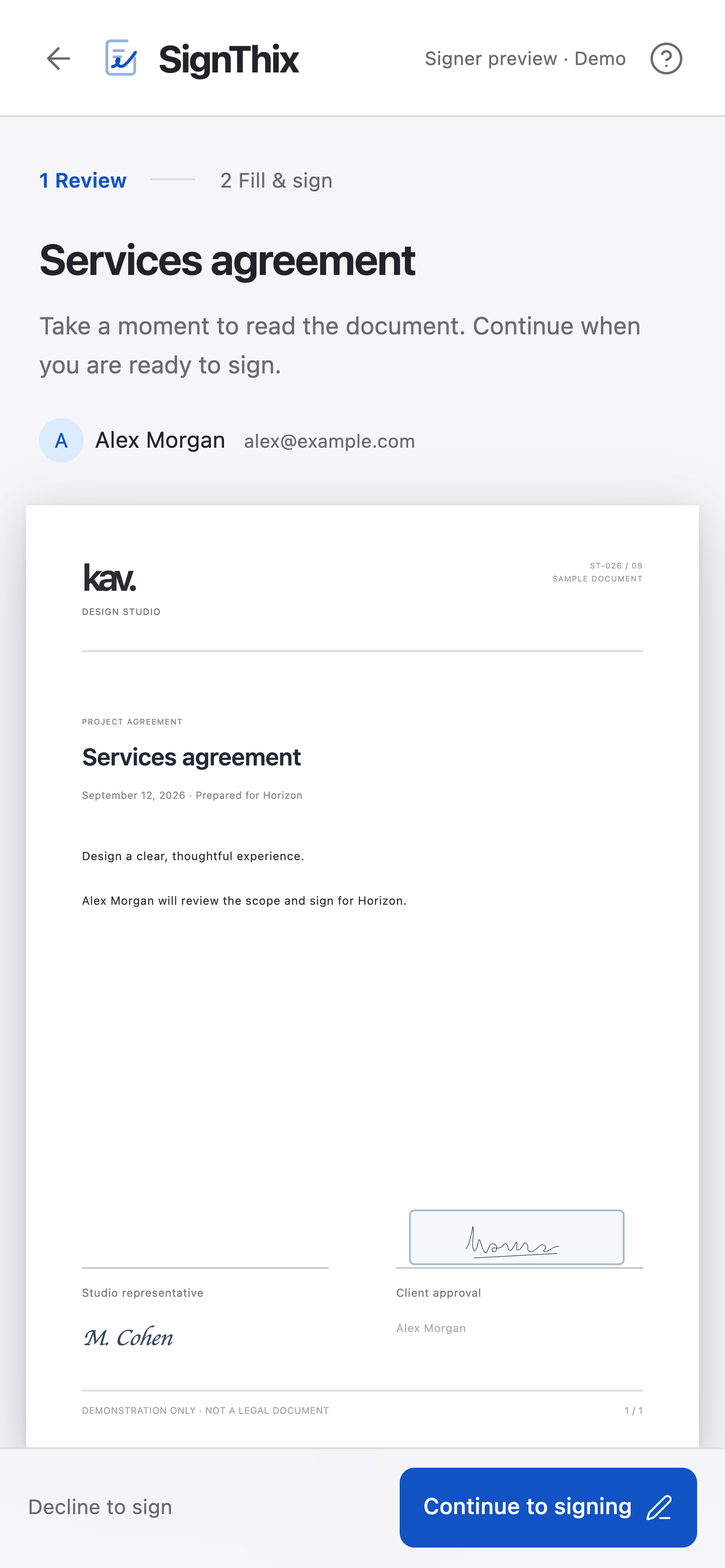 Mobile recipient preview with Alex Morgan’s signature on the correct client line.