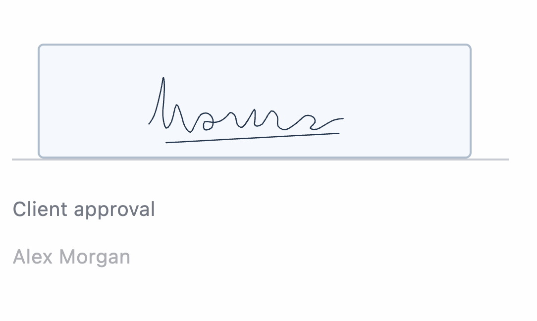 Locally previewed signature on the Client approval line for Alex Morgan.